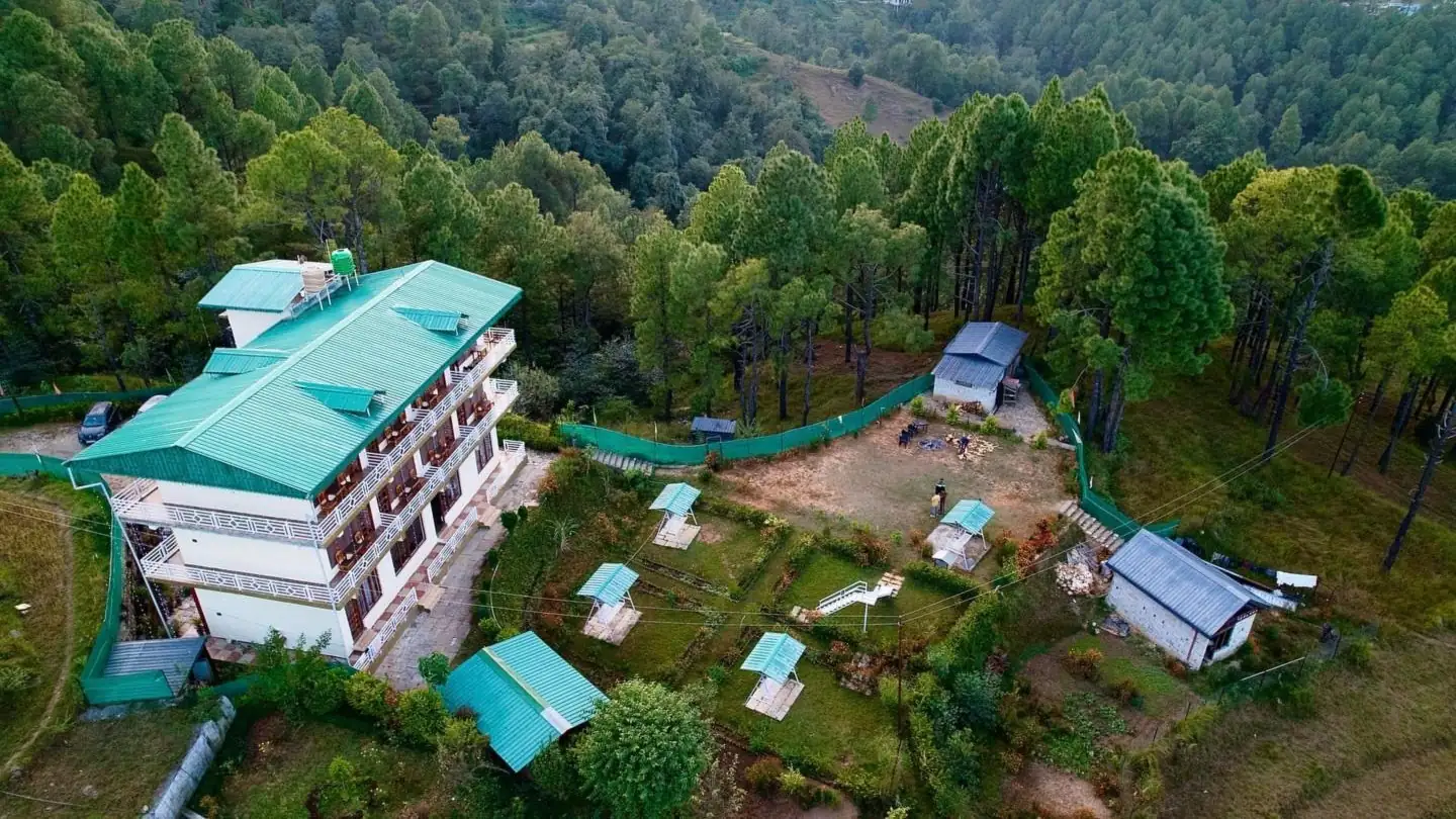 Lap of Himalayas resort and gardens surrounded by pine forest, seen from above